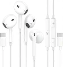 2-Pack USB C Headphones For IPhone 17 16 15 Pro Max, Type C Headphones With Microphone And Volume Control, Wired USB C Headphones For Galaxy S25 S24 S23 S22 S21 S20 Ultra, Note 10/20 - White USB-c Headphones - View 2
