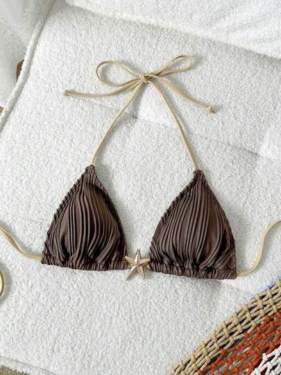 女士纯色露背系带比基尼上衣，适合度假和海滩穿着