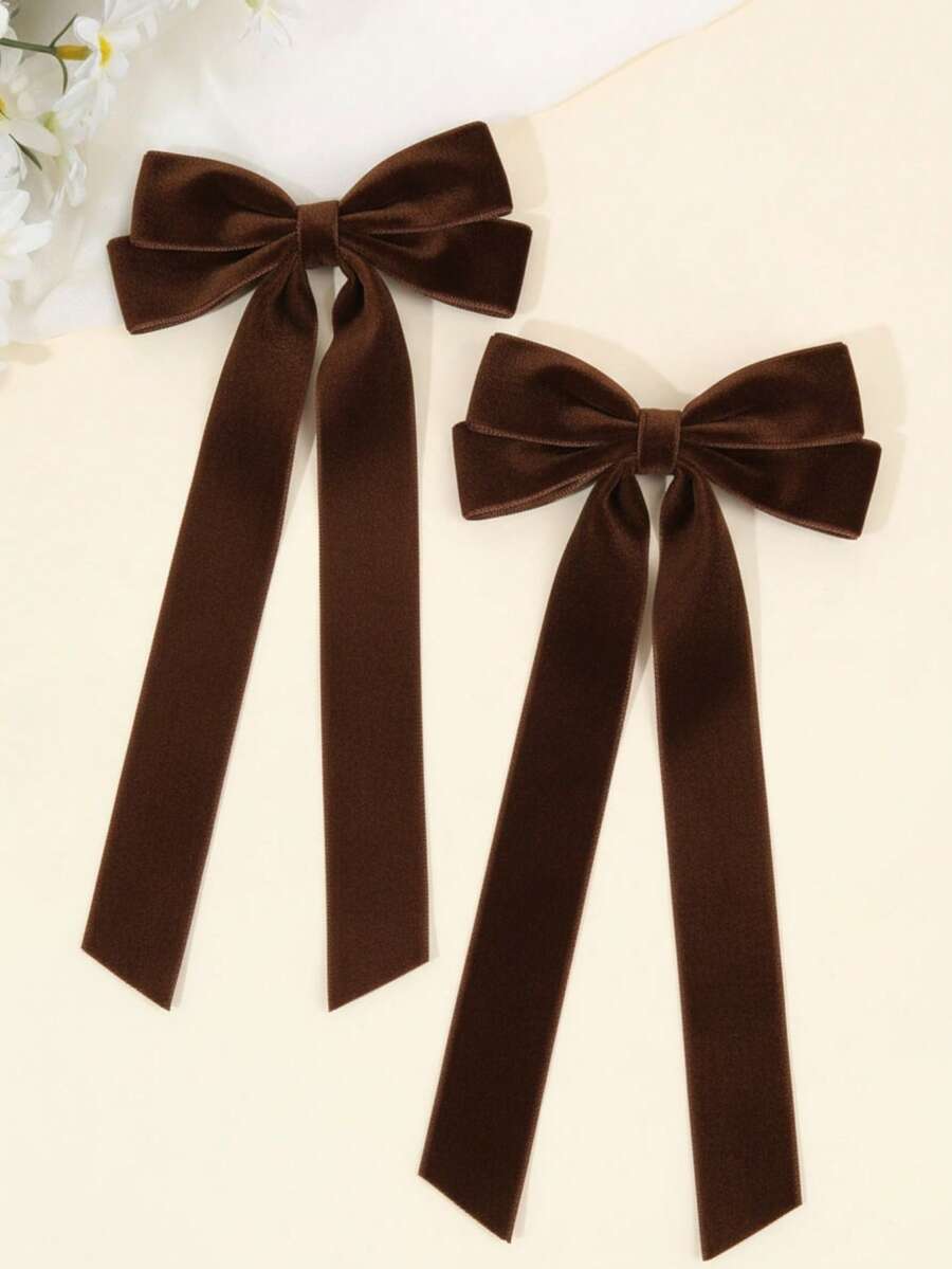 2pcs Dark Brown Velvet Hair Bows For Girls Plain Long Tail Velvet Bow Alligator Clips Large Bow Hair Clips Girl Pigtail Bows Clips Fall Winter Barrettes Hair Accessories, Claw Clips, Hair Slide, Hair Barrettes