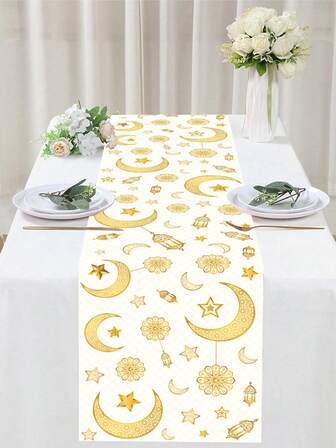 1pc 35*180cm Ramadan Table Runner With Star And Crescent Lantern Elements, Dining Table Decor Cloth For Ramadan Kitchen And Dining Table