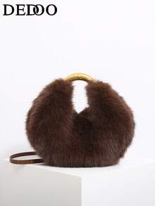 Faux Fur & Metal Handle Handbag, Fashionable High-End Style, Suitable For Dates, Commuting, Gifting And More - Coffee - View 8