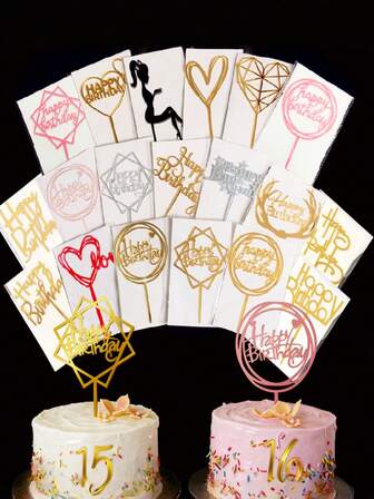10pcs Multi -Shapes Happy Birthday Cake Topper Acrylic Glittering Cupcake Topper Decorations For Birthday Party Supplies