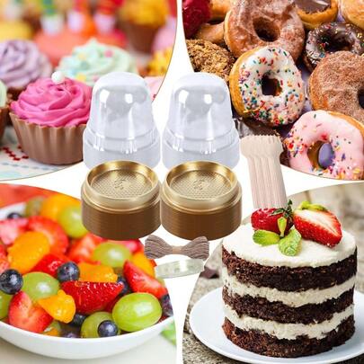 100pcs Mini Cake Box With Transparent Dome Cover, Suitable For Mini Dessert Cupcakes, Cheesecakes, Strawberries, Mooncakes, Suitable For Birthday Parties, Weddings, Catering, Buffets, Holiday Decorations, With Mini Wooden Fork Rope