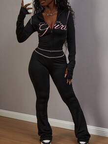 2pcs Spring Sexy Printed Zip-Up Jacket & Pants Set, Holiday Outfit - Black - View 2