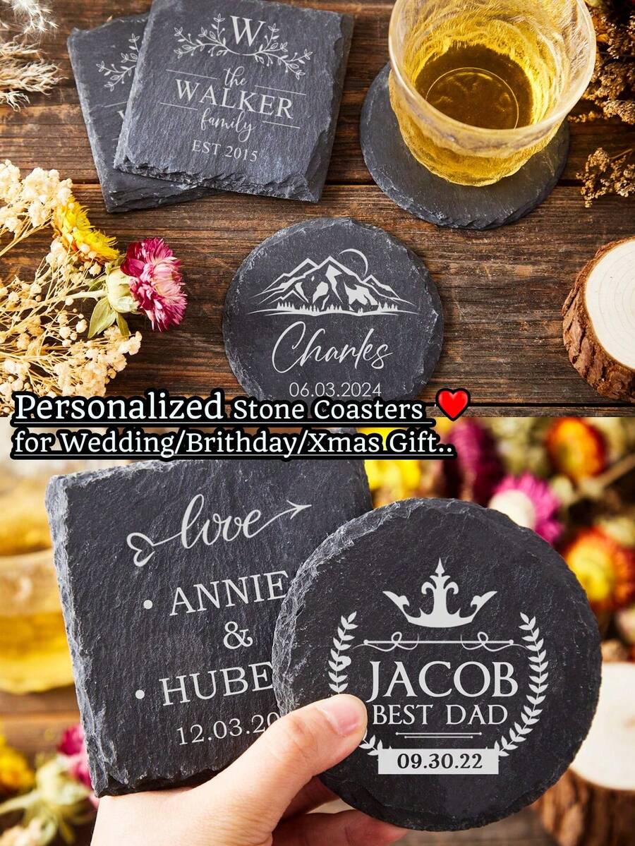 Personalized Stone Coaster, Custom Wedding Gift | Personalized Housewarming Gift Set | Personalized Engraved Stone Coasters, Beverage Coasters, Desktop Coasters, Gift For Dad, Christmas & New Year Gift, Custom Text And Drink Picture Ornament, Tea Coffee Gin Beer Wine Whisky Laser Engraved Gift, - Multicolor - View 1