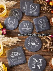 Personalized Stone Coaster, Custom Wedding Gift | Personalized Housewarming Gift Set | Personalized Engraved Stone Coasters, Beverage Coasters, Desktop Coasters, Gift For Dad, Christmas & New Year Gift, Custom Text And Drink Picture Ornament, Tea Coffee Gin Beer Wine Whisky Laser Engraved Gift, - Multicolor - View 2