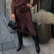 Women Satin Lace Trim Midi Skirt Polka Dot Print High Waist Long A-Line Skirts Vintage Silk Going Out Dress Y2k Streetwear Party Clubwear - 淺棕 - 查看 6