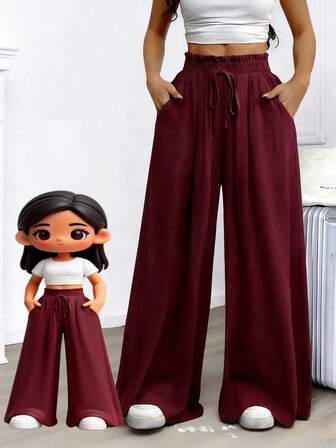 女士四季圣诞新年仿棉麻酒红色休闲阔腿裤，带抽绳结，居家穿着