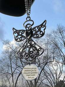 1pc Stainless Steel Guardian Angel Car Charm, Delicate Heart-Shaped Wing Design, Hollow Star Moon Sun Dreamcatcher Pendant Ornament - Silver - View 3