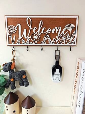 1个木质欢迎信装饰钥匙挂钩，多功能收纳架，适用于走廊、客厅、餐厅、卧室、办公室、宿舍 - 也适合作为节日、婚礼、派对装饰礼品