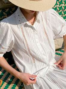 Women's Spring/Summer Apparel, Solid Color Front Open Hollow Lace Patchwork Blouse, Elegant Ladies Shirt, Lace Collar Patchwork Lantern Sleeve Shirt, White Short Sleeve Shirt, Women's Outgoing Holiday Wear, Cute Blouse - White - View 8