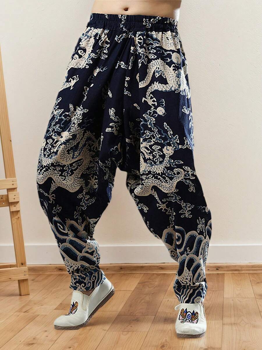 Men's Chinese Leisure Jogger Pants With Hip Hop Dragon Patterned Curved Traditional Harem Pants Baggy Sports Trousers - màu đen - Xem 1
