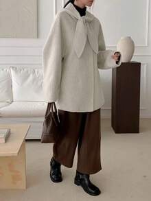 Women's Solid Color Hooded Long Sleeve Loose Casual Wool Blend Maxi Dress, Autumn/Winter - Apricot - View 3
