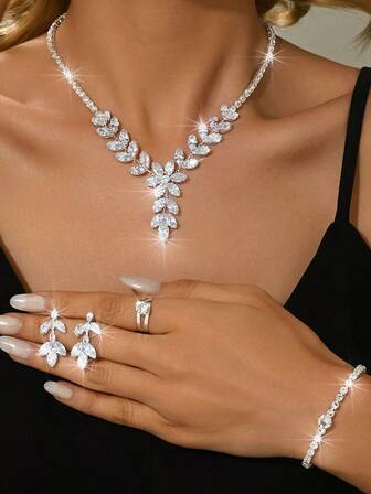 4pcs Elegant Luxury Vintage Style Necklace, Earrings, Ring, Bracelet Bling Crystal Leaf Jewelry Set, Holiday Gift