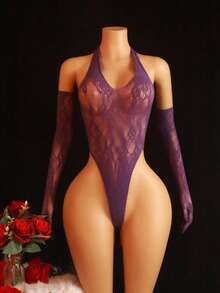 3pcs Women's Purple Elegant Halter Jacquard Jumpsuit With Long Gloves, Fashionable Bodysuit Lingerie Set - Purple - View 1