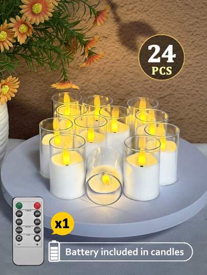 6/12/24pcs Flameless Candle Lights With Timer/Remote Control, Realistic Glass Candle Holders, Battery Powered Tealight Candles For Home, Wedding, Party, Halloween, Christmas, Dining Table, Holiday Decor