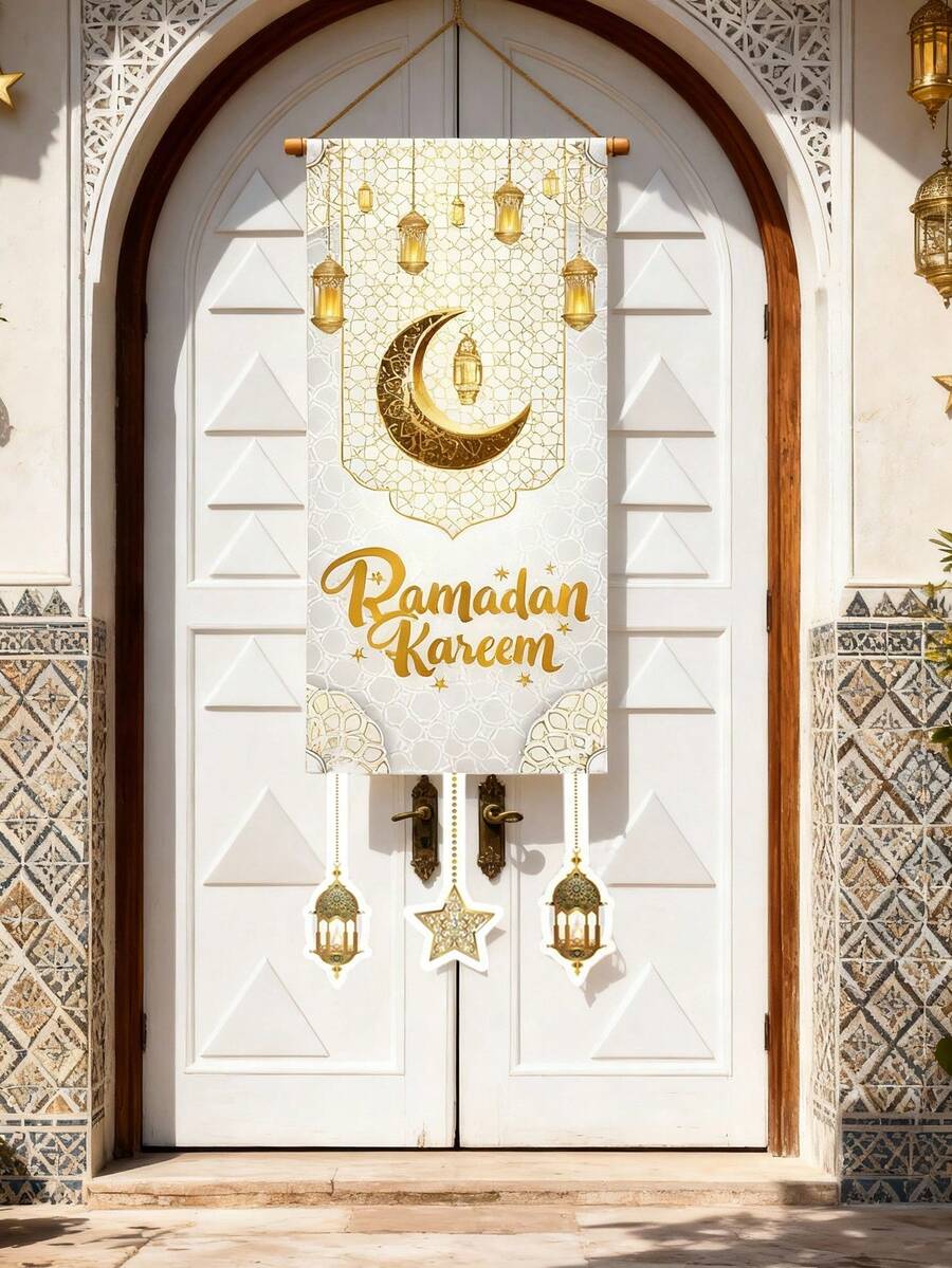 1 Stück weiß-goldene Flagge zum Aufhängen, Banner zum Aufhängen für das Heilige, Design mit Kaba und Laterne, Party Zubehör, Versammlungsdekoration, Geschenke, Veranda Dekoration - Verschiedenfarbig - Übersicht 1