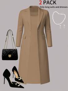 Conjunto de 2 piezas elegante para mujer de talla grande, chaqueta tipo cárdigan minimalista de unicolor y versátil + vestido ajustado de longitud media, adecuado para el uso diario, primavera/otoño/invierno - Albaricoque 34 - Ver 2