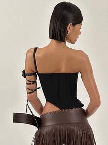 Ladies' Fashion, Sexy Design, Personalized Solid Color, Casual, Exposed Navel, Sleeveless Suspender, Backless, Hanging Buckle T-Shirt Top - 黑色 - 查看 8