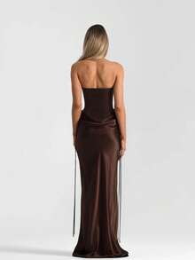 EU/US Size Women's Elegant Strapless Dress - 2025 FW Solid Color Bodycon Waist-Cinched Draped Maxi With Sash | Ideal For Wedding Guests & Gala Nights - 咖啡色 - 查看 4