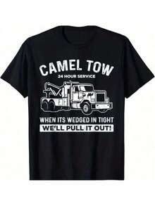 1pc Mens Clothes Tow Truck Graphic Print Black TShirt, Unisex Casual Crew Neck Tshirt, Plus Size Men's Clothing 5XL, Lightweight 180gsm Knit Fabric, Machine Washable, For Spring/Summer/Fall, Suitable For Father's Day,Thanksgiving, And Labor Day - 黑色 - 查看 1