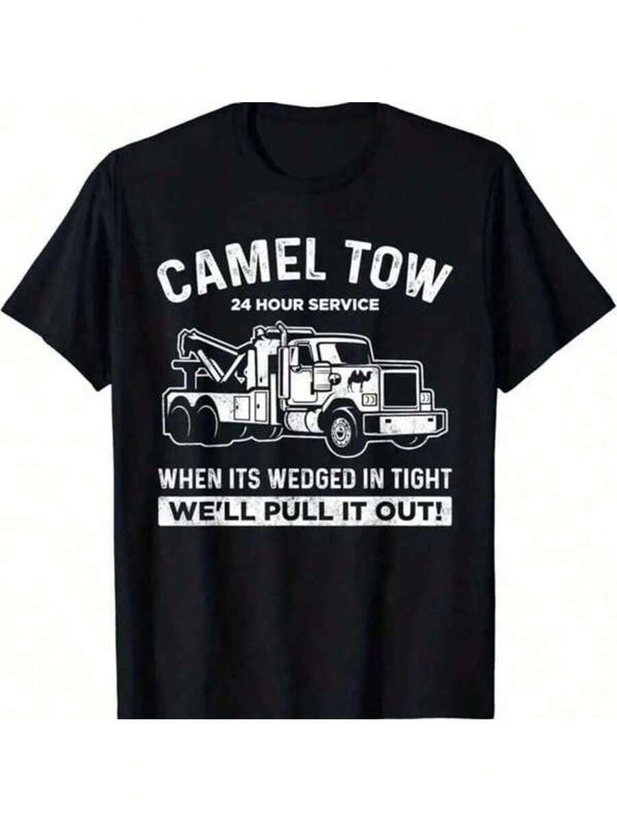1pc Mens Clothes Tow Truck Graphic Print Black TShirt, Unisex Casual Crew Neck Tshirt, Plus Size Men's Clothing 5XL, Lightweight 180gsm Knit Fabric, Machine Washable, For Spring/Summer/Fall, Suitable For Father's Day,Thanksgiving, And Labor Day - 黑色 - 查看 1