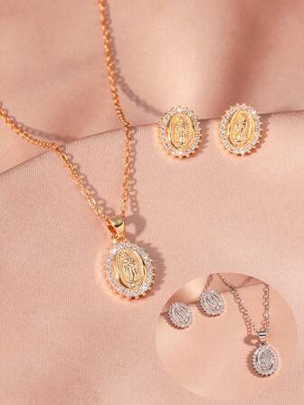3pcs Elegant Jesus Oval Pendant Necklace And Earrings Jewelry Set, Faith Gift For Friends
