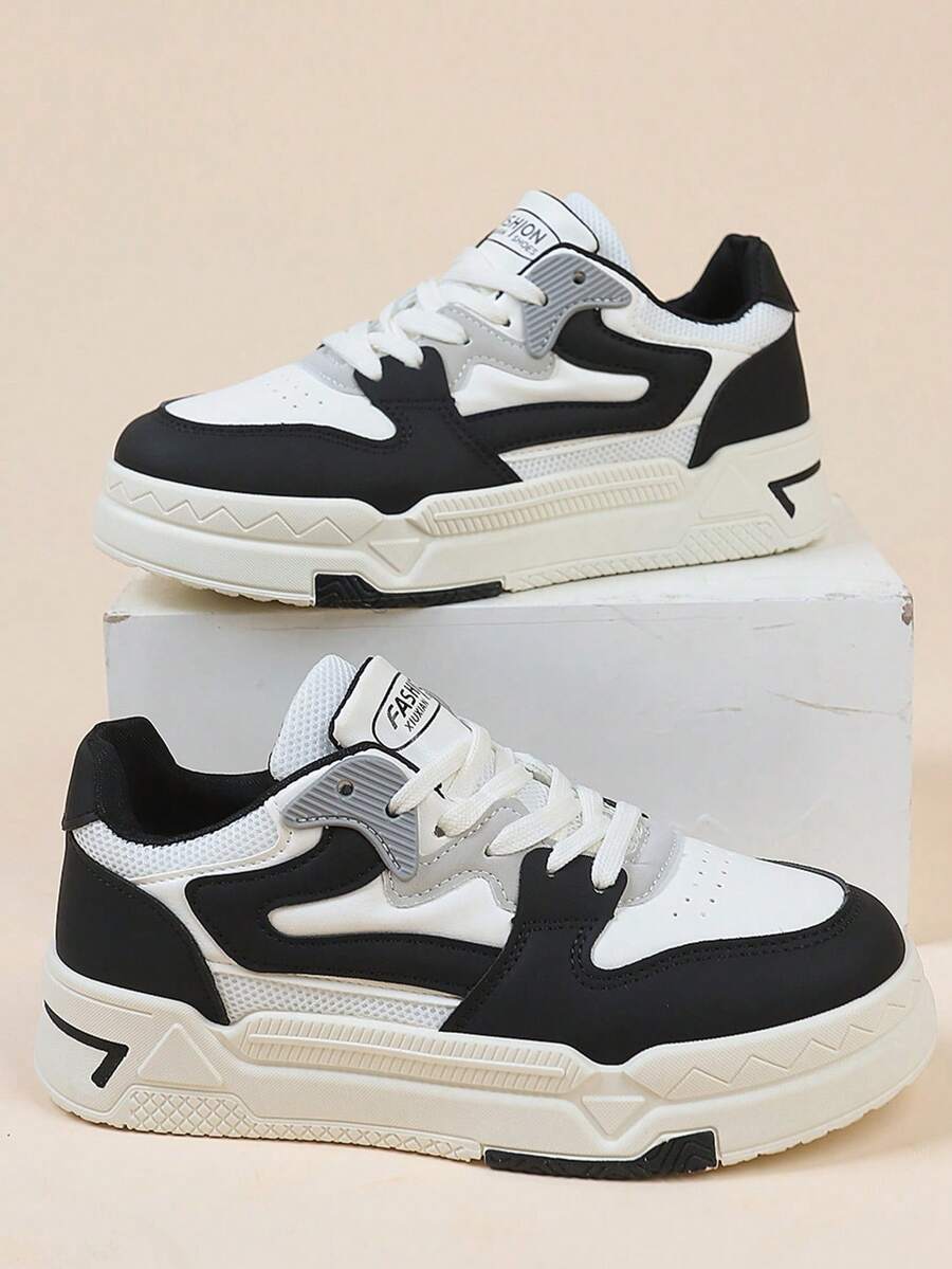 女士厚底运动鞋，春秋新款休闲平底防滑白色鞋，百搭学生鞋 - 黑色 - 查看 1