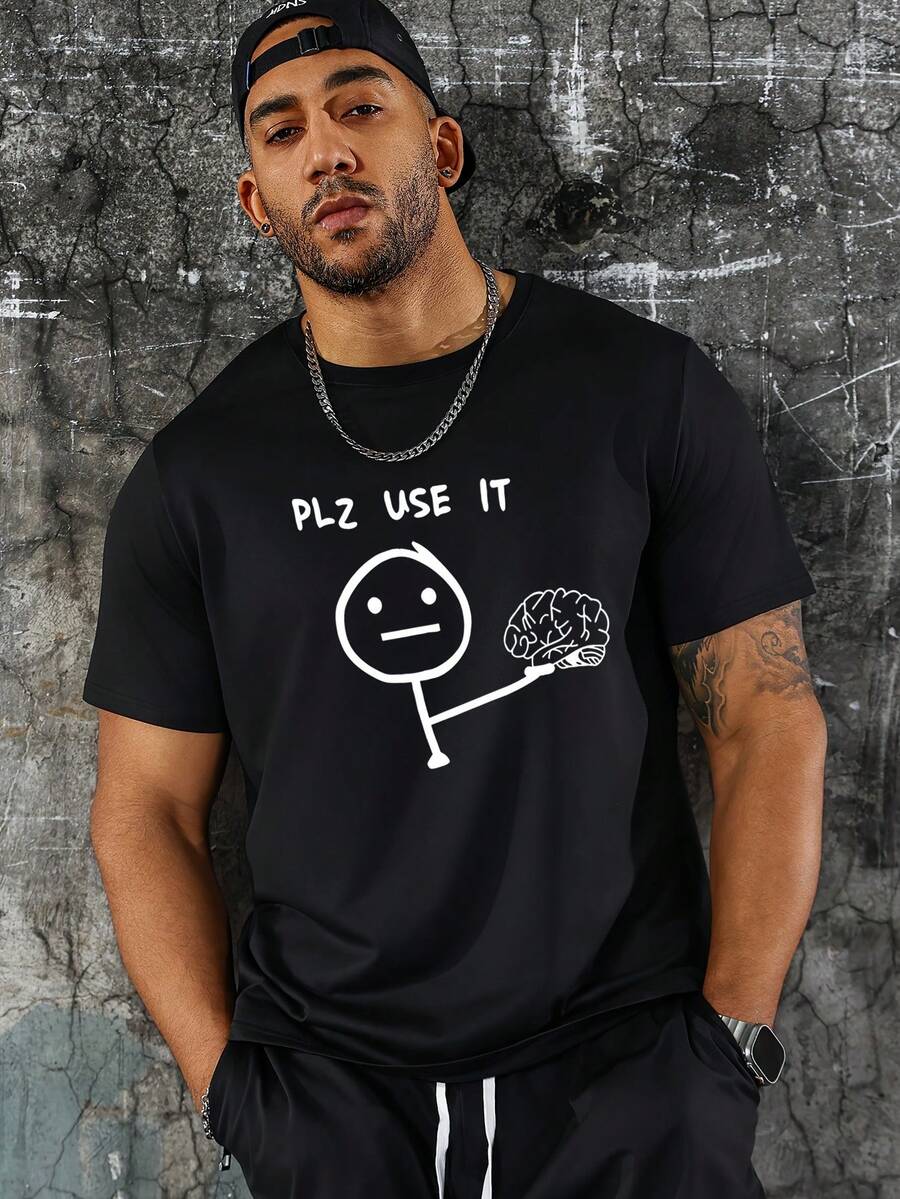 Camiseta de Hombre con Patrones de Líneas e Impresión de Letras - Negro - Ver 1