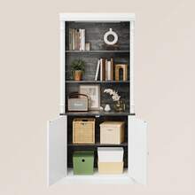 71 Pulgadas Blanco y Negro Estantería Elegante 5 Niveles con 2 Puertas, Estilo Columna Romana y Luces LED Táctiles para Sala, Recámara u Oficina - Blanco - Ver 3