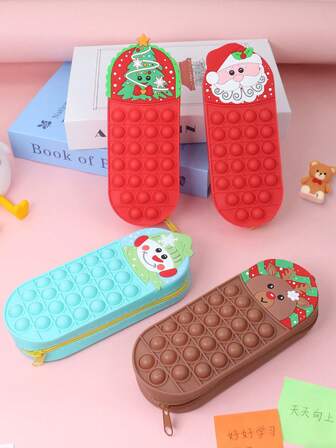 1pc Christmas Silicone Bubble Squeeze Pencil Case, Student Stress Relief Stationery Box, Large Capacity, Rat Trap Game, Waterproof Silicone Portable Stationery Storage Box