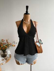 Rusttydustty Bohemian Style Backless Halter Neck Casual Blouse, Suitable For Valentine's Day, New Year, Party, Women Holiday - Black - View 7