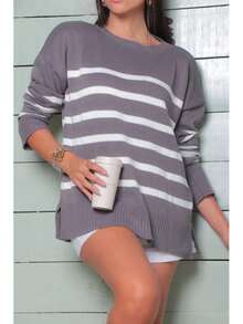 Striped Long-Sleeved Sweater Blouse, Fashionable Oversized Knitwear. - Grey - View 1