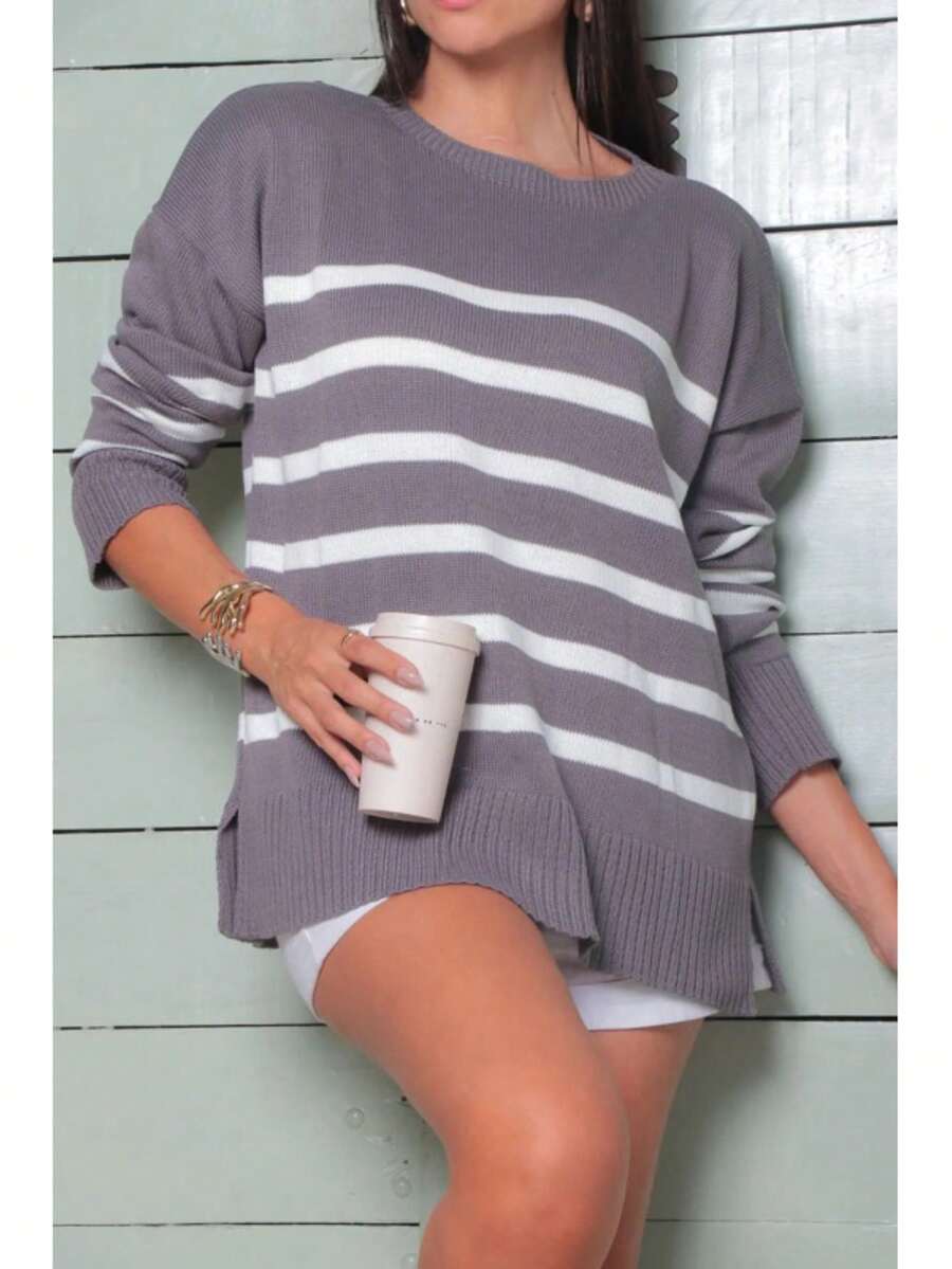 Striped Long-Sleeved Sweater Blouse, Fashionable Oversized Knitwear. - Grey - View 1