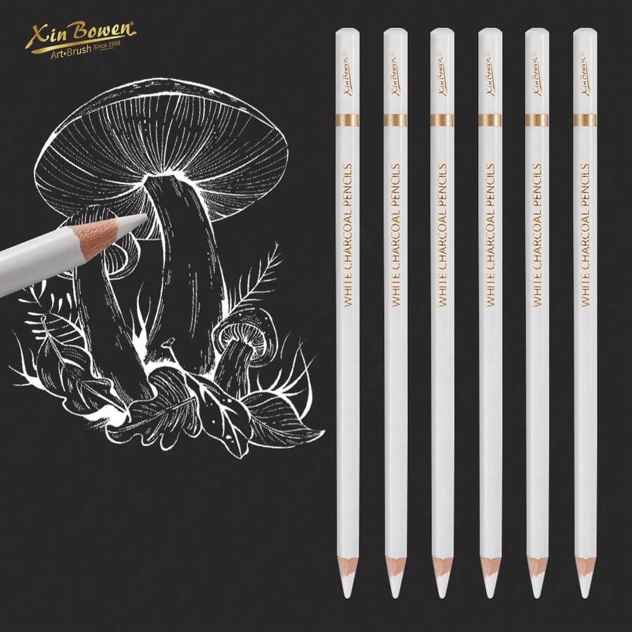 Set de lápices de carbón blanco profesionales, 6 piezas de lápices de carbón para dibujar, esbozar, sombrear, mezclar, lápices de tiza blanca para principiantes y artistas - Blanco - Ver 1