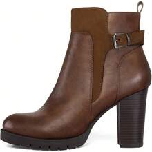 Women's Waterproof PU Ankle Boots With Chunky Stacked Heel – Side Zipper, Anti-Slip Rubber Sole & All-Day Comfort Cushioning - Nâu sẫm - Xem 6