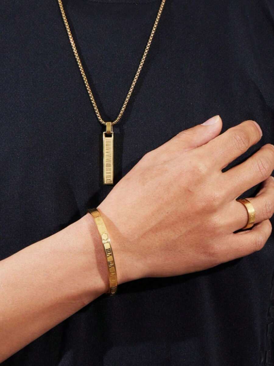 3pcs/Set Stainless Steel Roman Numeral Jewelry Set For Men, Bracelet Necklace Ring, Personalized Accessory, Valentine's Day Gift - Multicolor - View 1