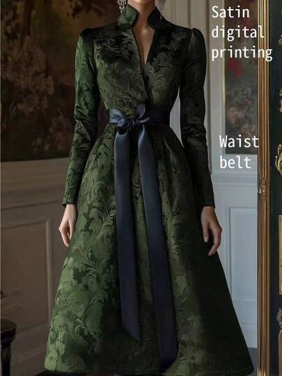 Vestido elegante y cómodo de satén jacquard con cuello en V y manga larga, corte evasé, color verde oscuro, para primavera/otoño