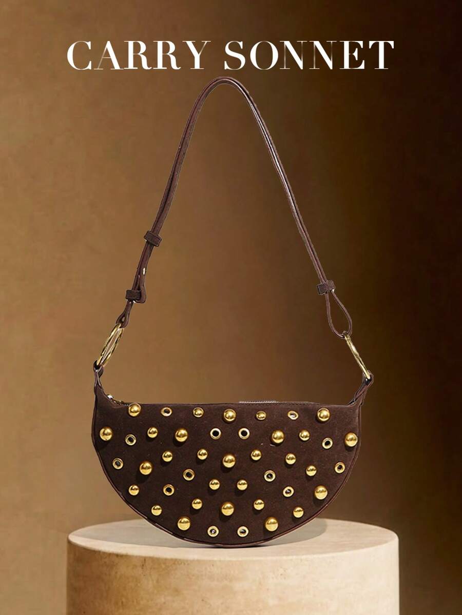 Crescent-Shaped Hollow Leather Crossbody Bag, Minimalist Design, Suitable For Shopping And Commuting, Showcasing Fashionable Personalized. The Crescent-Shaped Shoulder Bag Is Decorated With Gold Rivets, Punk Style Crossbody Bag, Essential Item For Autumn Holidays. - Coffee - View 1