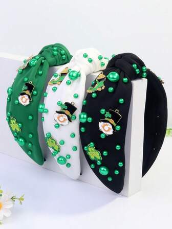 1 st. damhatt med klövermotiv, vintagegrön pärlhalsband, sött polyesterknut med brett hårband, hårband, diadem, hårbåge