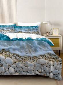 3 Pieces Of Refreshing Seaside Breeze, Wave Pebble Soothing Relaxation Feeling Bedding Set, Including Bedspread Set, Bedspread Set, Bedspread Set, Bedding Set (1 Bedspread + 2 Pillowcases Without Pillow Cores), Suitable For Teenagers And Adults, Suitable For All Seasons For Warmth, Soft And Breathable Lightweight Bedspread. Suitable As Gifts For Housewarming, Birthday, Festivals, Etc., As Well As For Exchanging Gifts Between Boyfriends And Girlfriends. - Multicolor - View 3