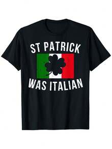 St. Patrick's Day Italian-Themed T-Shirt, Unisex Cotton Casual Round Neck Short Sleeve Tee With "S. Patrick Was Italian" Print, Stretch Fit, 100% Cotton, Sizes S-XXXL - 黑色 - 查看 1