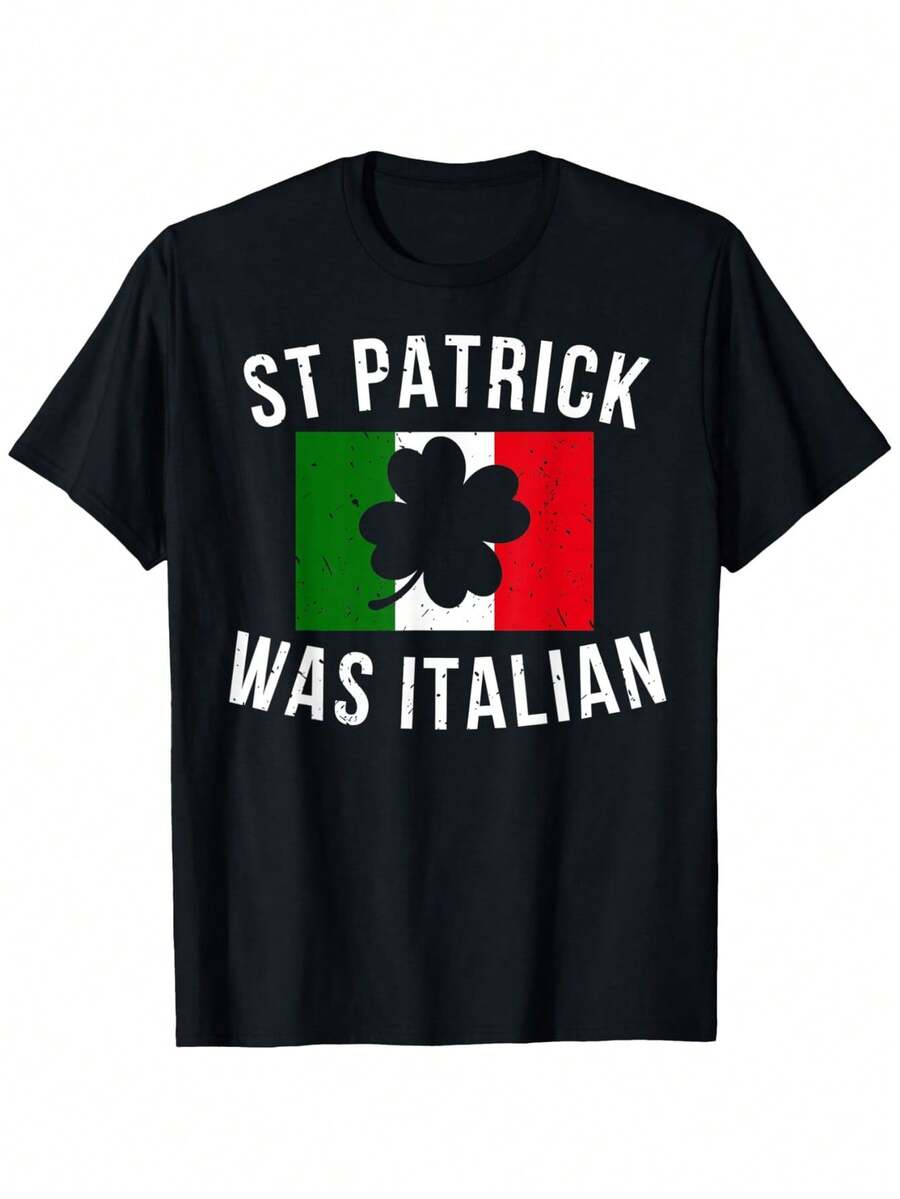 St. Patrick's Day Italian-Themed T-Shirt, Unisex Cotton Casual Round Neck Short Sleeve Tee With "S. Patrick Was Italian" Print, Stretch Fit, 100% Cotton, Sizes S-XXXL - 黑色 - 查看 1