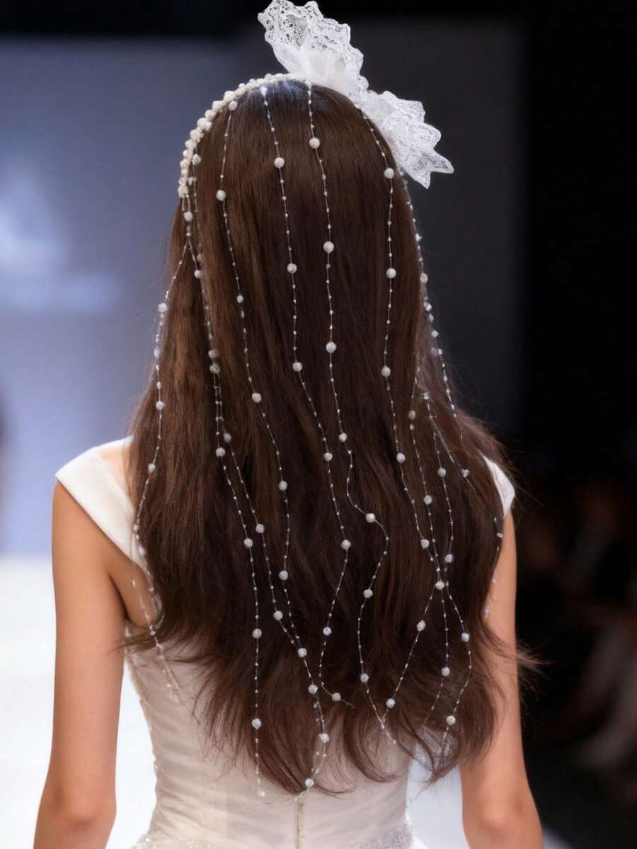 1 buc. Bentiță de mireasă eterică cu perle artificiale: Fundă din dantelă și șuvițe de drapat pentru o strălucire romantică a nunții, accesorii elegante pentru coafuri de nuntă, accesorii de Ziua Îndrăgostiților