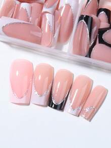 96pcs/Box (4 Boxes Assorted) Long Coffin-Shaped Black & White French Manicure Nail Stickers, Minimalist & Fashionable Style, Includes 1pc Jelly Gel And 1pc Nail File, Acrylic False Nails - Multicolor - View 3