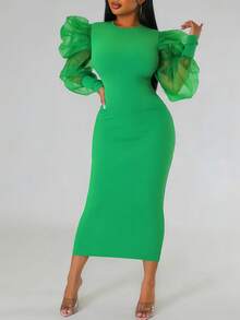 Women's Elegant Green Mock Neck Dress - Lantern Sleeves, Bodycon Midi, Ideal For Evening, Office, Daily Outings & Party Occasions - 綠色 - 查看 3