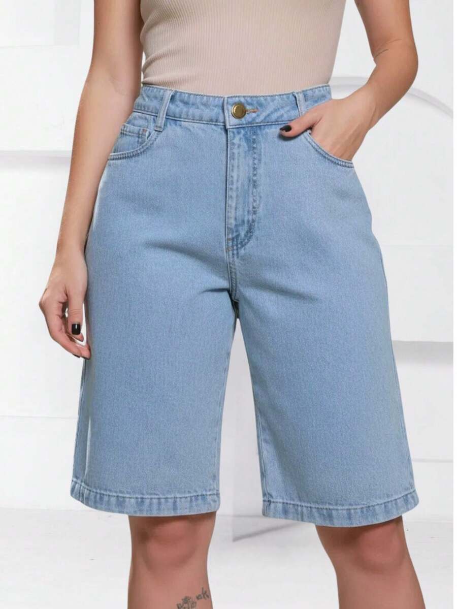 Women's Graphite Gray Denim Shorts, High-Waisted Gray Denim Bermuda Shorts, Summer Fashion, Foreign Blogger Style - Light Blue - View 1