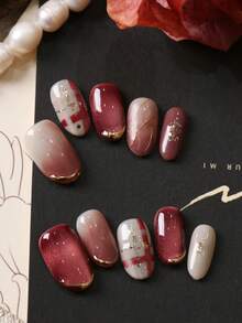 10pcs Acrylic Press On Nails Dark Red Nails Cat's Eye Halation Stripe Short Nail Fake Nails Artificial Nails Kit Includes 1sheet Adhesive Tabs &1 Pc Mini File Nail Supplies - Multicolor - View 3