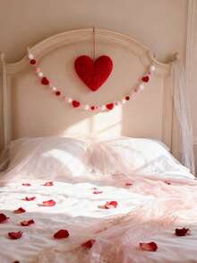 1 Set Heart-Shaped Floral Garland, Romantic Pom Pom Heart Hanging Decor, Love Theme Home Decoration For Valentine's Day, Party, Wedding Anniversary, Photo Prop, Fireplace, Living Room, Bedroom, Door, Window, Seasonal Decor - Multicolor - View 5