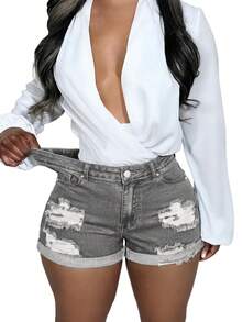 MUZZ Plus Size Summer Casual Women Rolled Hem Distressed Elastic Denim Shorts, Grey Ripped Sexy Fitted Denim Shorts - 灰色 - 查看 5